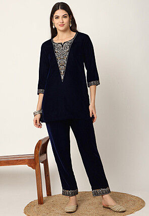 Embroidered Velvet Kurti Set in Navy Blue