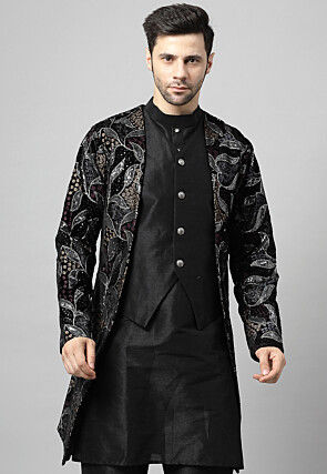 Embroidered Velvet Layered Jacket in Black