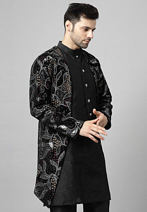 Embroidered Velvet Layered Jacket in Black