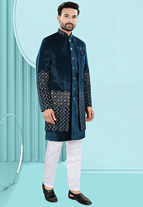 Embroidered Velvet Layered Sherwani in Teal Blue