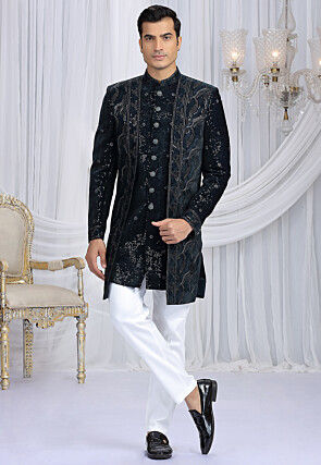 Embroidered Velvet Layered Shewani in Navy Blue