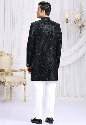 Embroidered Velvet Layered Shewani in Navy Blue