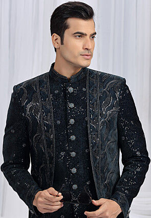 Embroidered Velvet Layered Shewani in Navy Blue