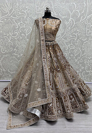 Embroidered Velvet Lehenga in Beige
