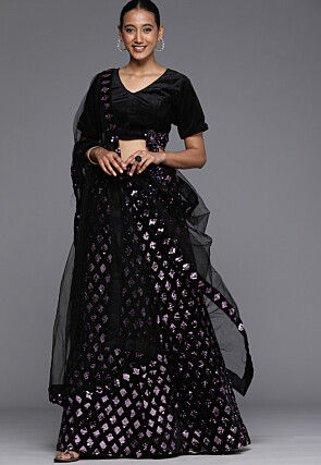 Embroidered Velvet Lehenga in Black and Purple