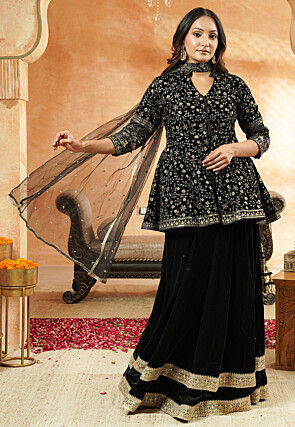 Embroidered Velvet Lehenga in Black