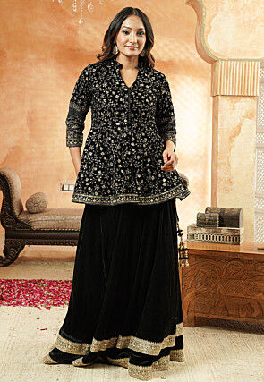 Embroidered Velvet Lehenga in Black