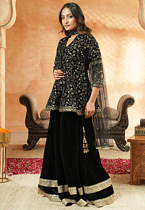 Embroidered Velvet Lehenga in Black