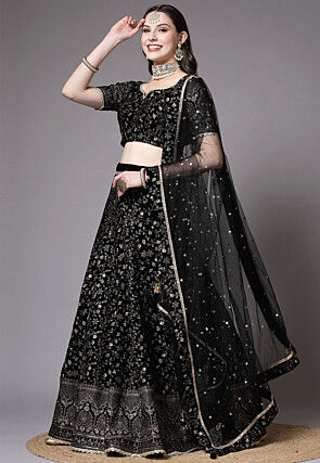 Embroidered Velvet Lehenga In Black