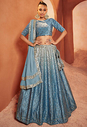 Embroidered Velvet Lehenga in Blue and Grey