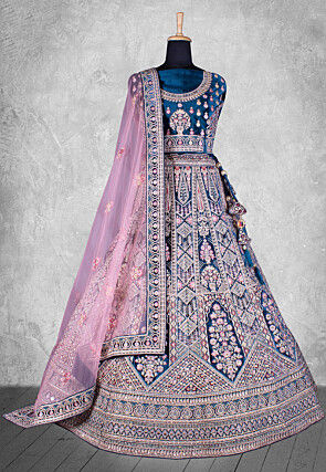 Embroidered Velvet Lehenga in Blue