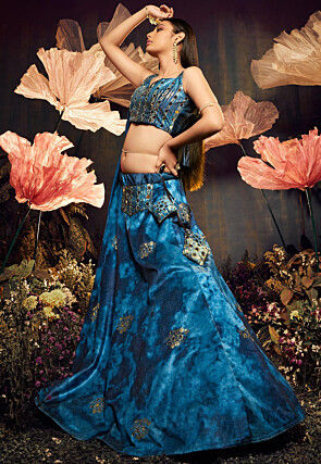 Embroidered Velvet Lehenga in Blue