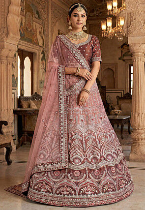 Embroidered Velvet Lehenga in Brown and Peach