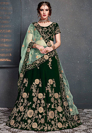Embroidered Velvet Lehenga in Dark Green