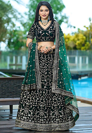 Embroidered Velvet Lehenga in Dark Green