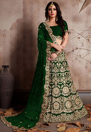 Embroidered Velvet Lehenga in Dark Green