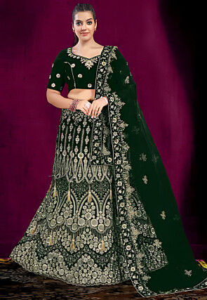 Embroidered Velvet Lehenga in Dark Green