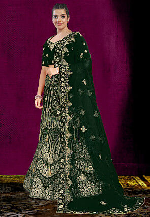 Embroidered Velvet Lehenga in Dark Green