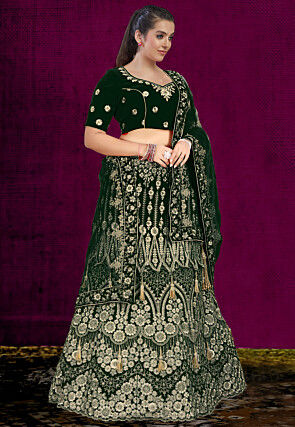 Embroidered Velvet Lehenga in Dark Green