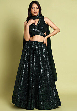 Embroidered Velvet Lehenga in Dark Green