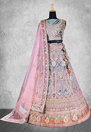 Embroidered Velvet Lehenga in Dusty Blue