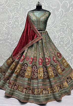 Embroidered Velvet Lehenga in Dusty Blue