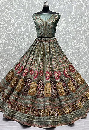 Embroidered Velvet Lehenga in Dusty Blue