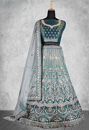 Embroidered Velvet Lehenga in Dusty Green