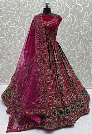 Embroidered Velvet Lehenga in Fuchsia and Maroon