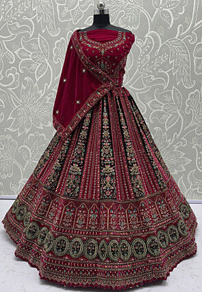 Embroidered Velvet Lehenga in Fuchsia and Maroon