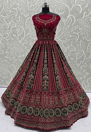 Embroidered Velvet Lehenga in Fuchsia and Maroon