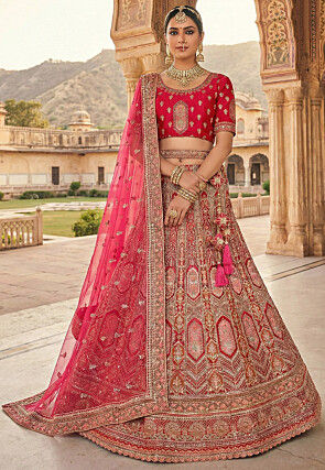 Embroidered Velvet Lehenga in Fuchsia