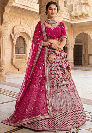 Embroidered Velvet Lehenga in Fuchsia