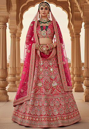 Embroidered Velvet Lehenga in Fuchsia