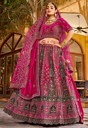 Embroidered Velvet Lehenga in Fuchsia