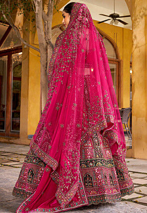 Embroidered Velvet Lehenga in Fuchsia