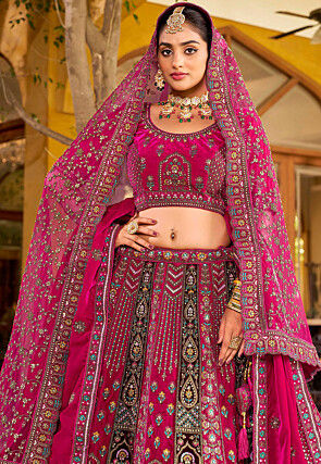 Embroidered Velvet Lehenga in Fuchsia