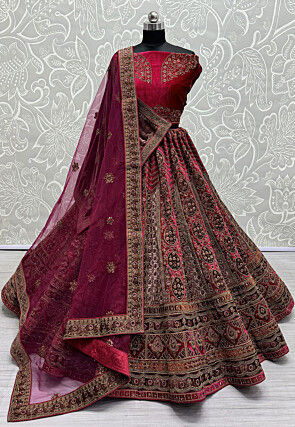 Embroidered Velvet Lehenga in Fuchsia