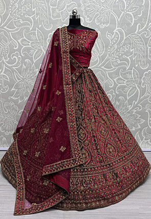 Embroidered Velvet Lehenga in Fuchsia