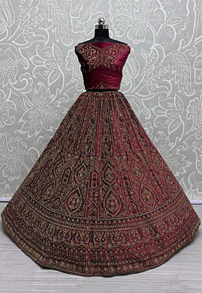 Embroidered Velvet Lehenga in Fuchsia