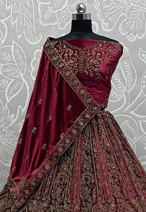 Embroidered Velvet Lehenga in Fuchsia