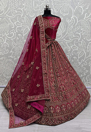 Embroidered Velvet Lehenga in Fuchsia