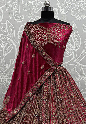 Embroidered Velvet Lehenga in Fuchsia