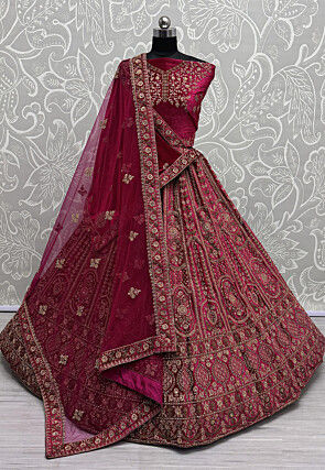 Embroidered Velvet Lehenga in Fuchsia