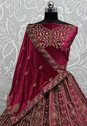 Embroidered Velvet Lehenga in Fuchsia