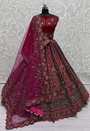 Embroidered Velvet Lehenga in Fuchsia