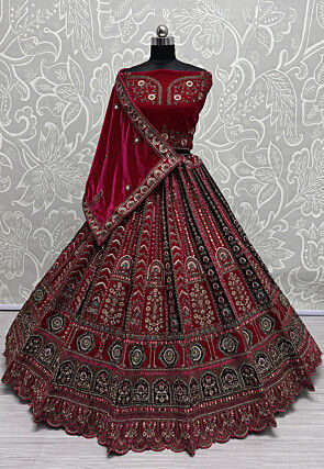 Embroidered Velvet Lehenga in Fuchsia