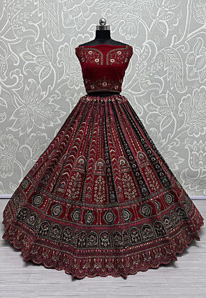 Embroidered Velvet Lehenga in Fuchsia