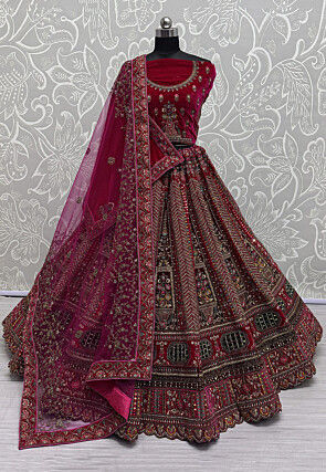 Embroidered Velvet Lehenga in Fuchsia