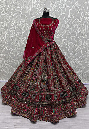 Embroidered Velvet Lehenga in Fuchsia